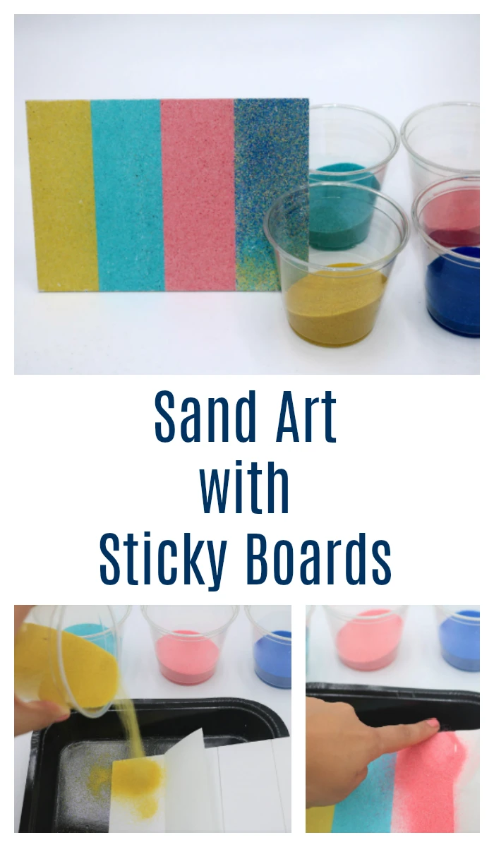 Learn how to create mess-free colored sand art with these adhesive or sticky boards!  This post shows you how to create beautiful sand art in no time.  It's a great craft project for all ages.